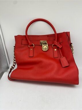 Michael Kors Red Leather Satchel Large Hamilton Hand Bag W/Gold-Tone Buckle (LVR